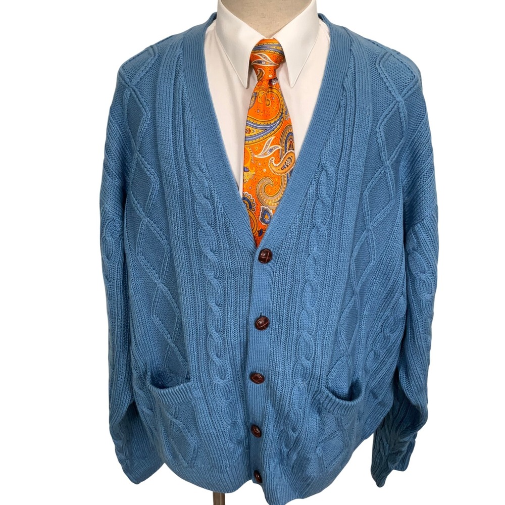 Towncraft Cardigan Men 3XL Blue Grandpacore Heritage Dad Cable Knit Pocket VTG